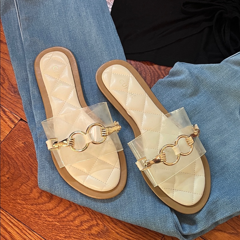 Cupshe Gold and Tan Quilted Slide Sandals Size 9